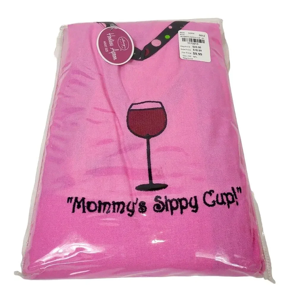 Wine Hostess Apron Mommy's Sippy Cup Pink Embroidered One Size Adult NWT